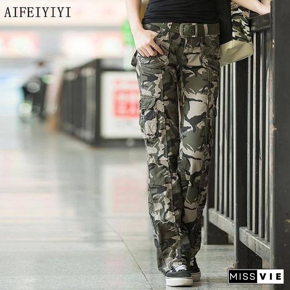 Women Workout Casual Military Camouflage Cargo Jeans Pants Denim Overalls Ladies Straight Multi-pocket Trousers Pantalon Femme