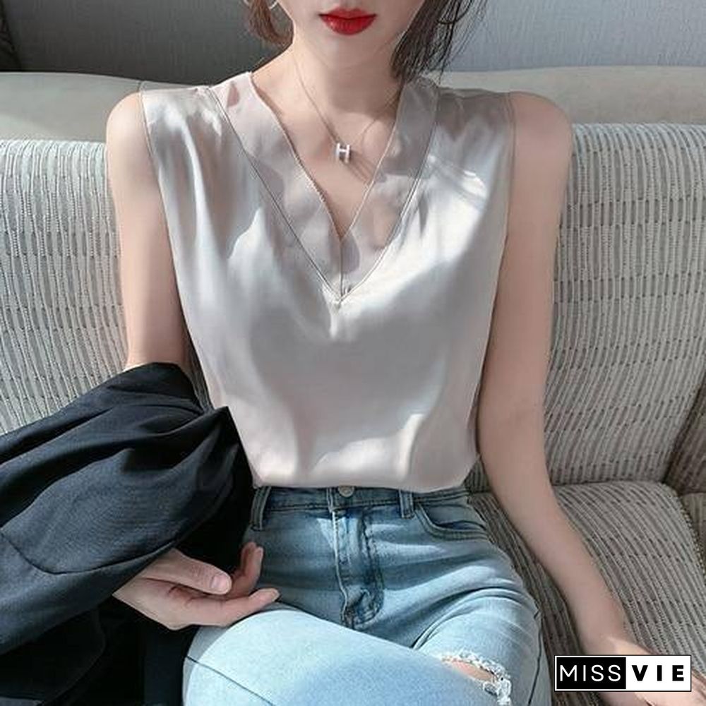 Silk Tops for Women Satin Mesh Tank Tops for Women Sexy Woman V-neck Basic White Top Plus Size Woman Sleeveless Silk Tank Top OL