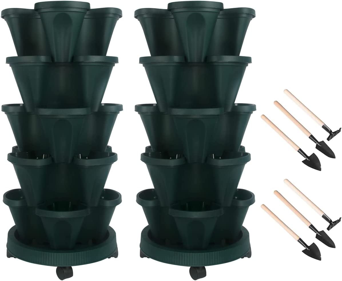 Stacking Flower Pot Tower- Space Saving 5-Tire Indoor Outdoor Vertical Stackable Plastic Herb and Flower Planters - Green,2 Set