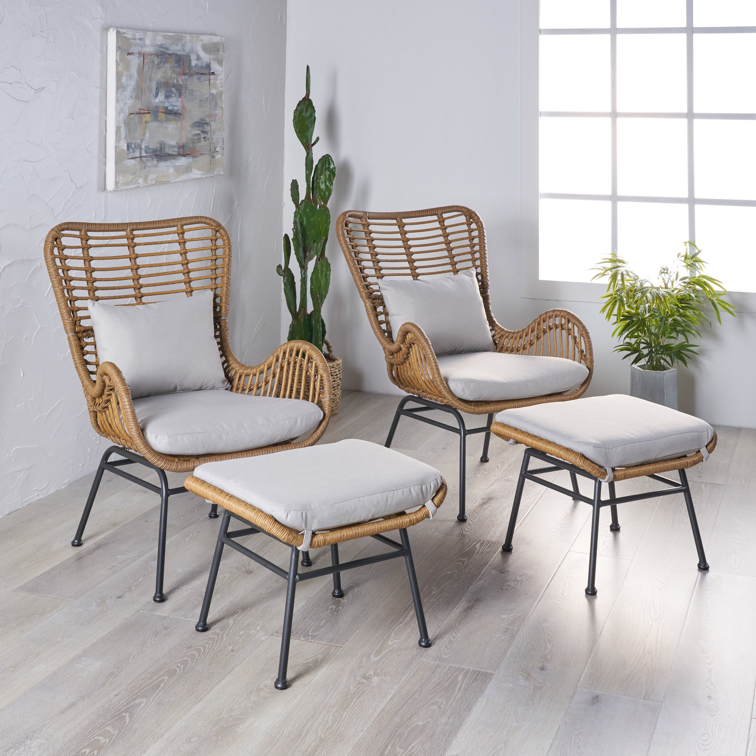 Izidro Indoor Boho Modern Wicker 4 Piece Club Chair and Ottoman Set