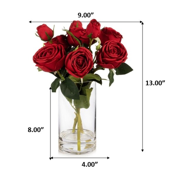 Enova Home Artificial Silk Rose Flowers in Clear Glass Vase with Faux Water for Home Office Wedding Decoration