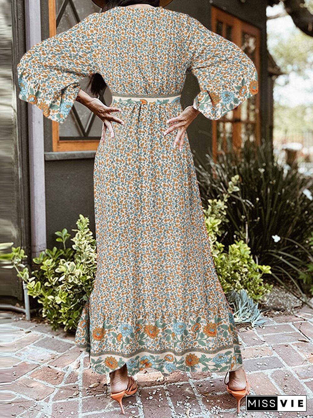 Bohemian Floral Print Belt Ruffle Sleeve Maxi Dress