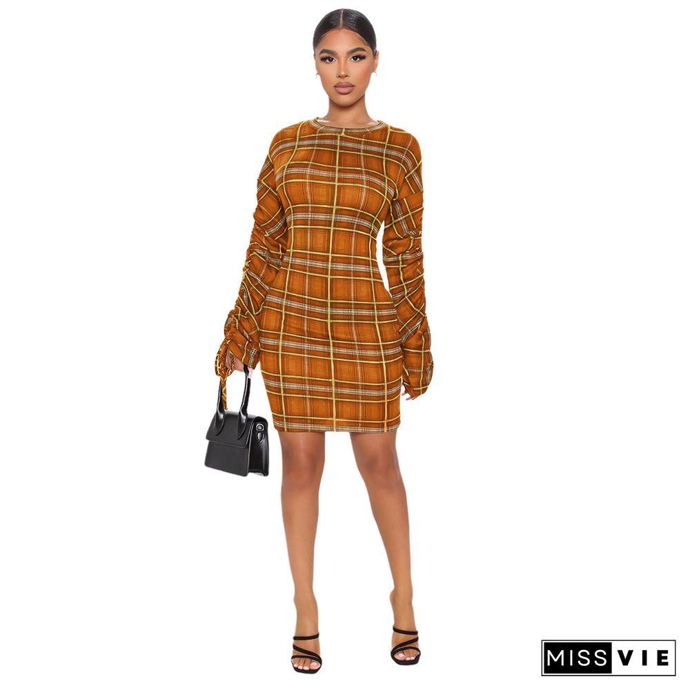 Plaid Print Pleated Sleeves Skinny Pencil Dress