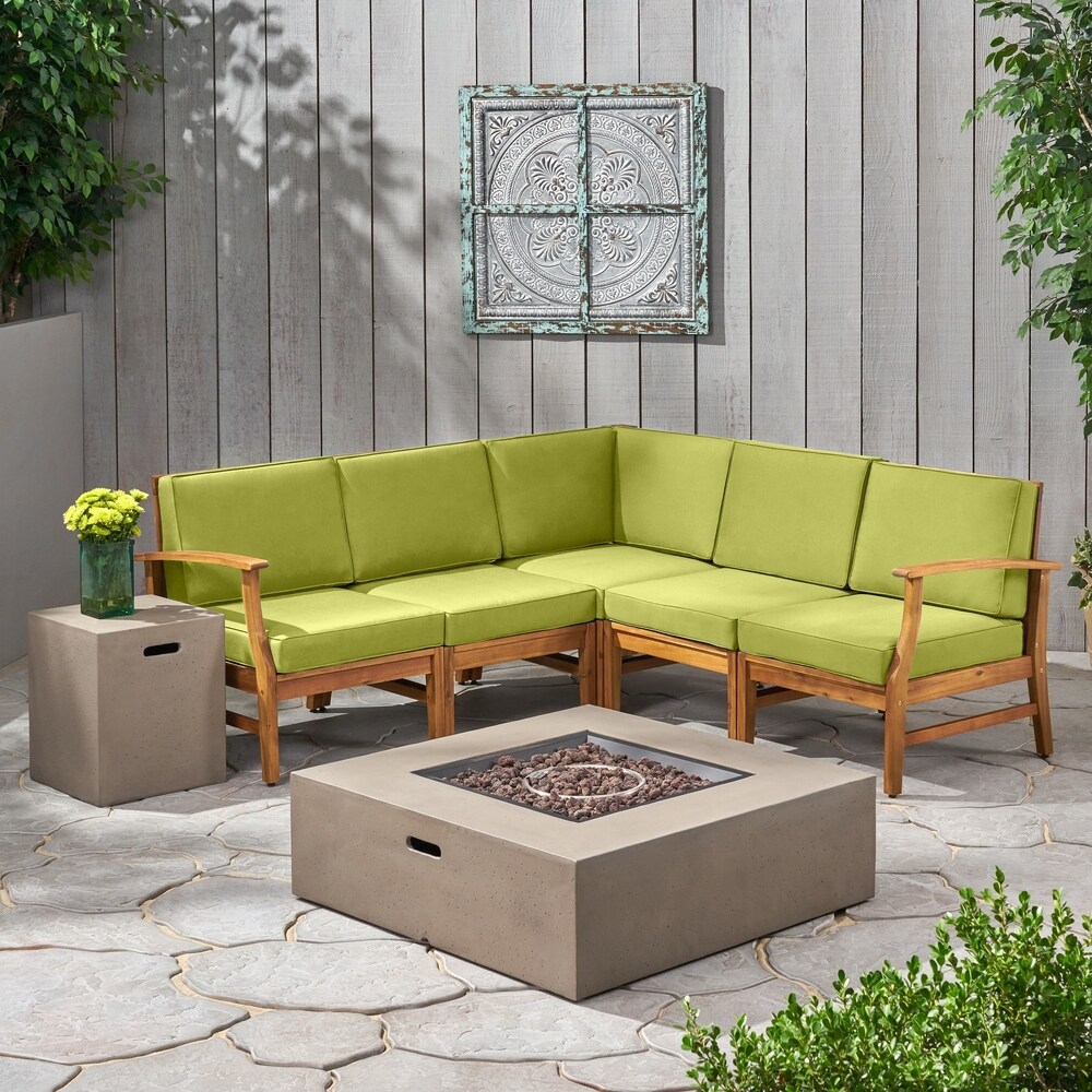 Illona Outdoor 5 Seater V Shaped Acacia Wood Sofa Set with Square Fire Table and Tank by Christopher Knight Home