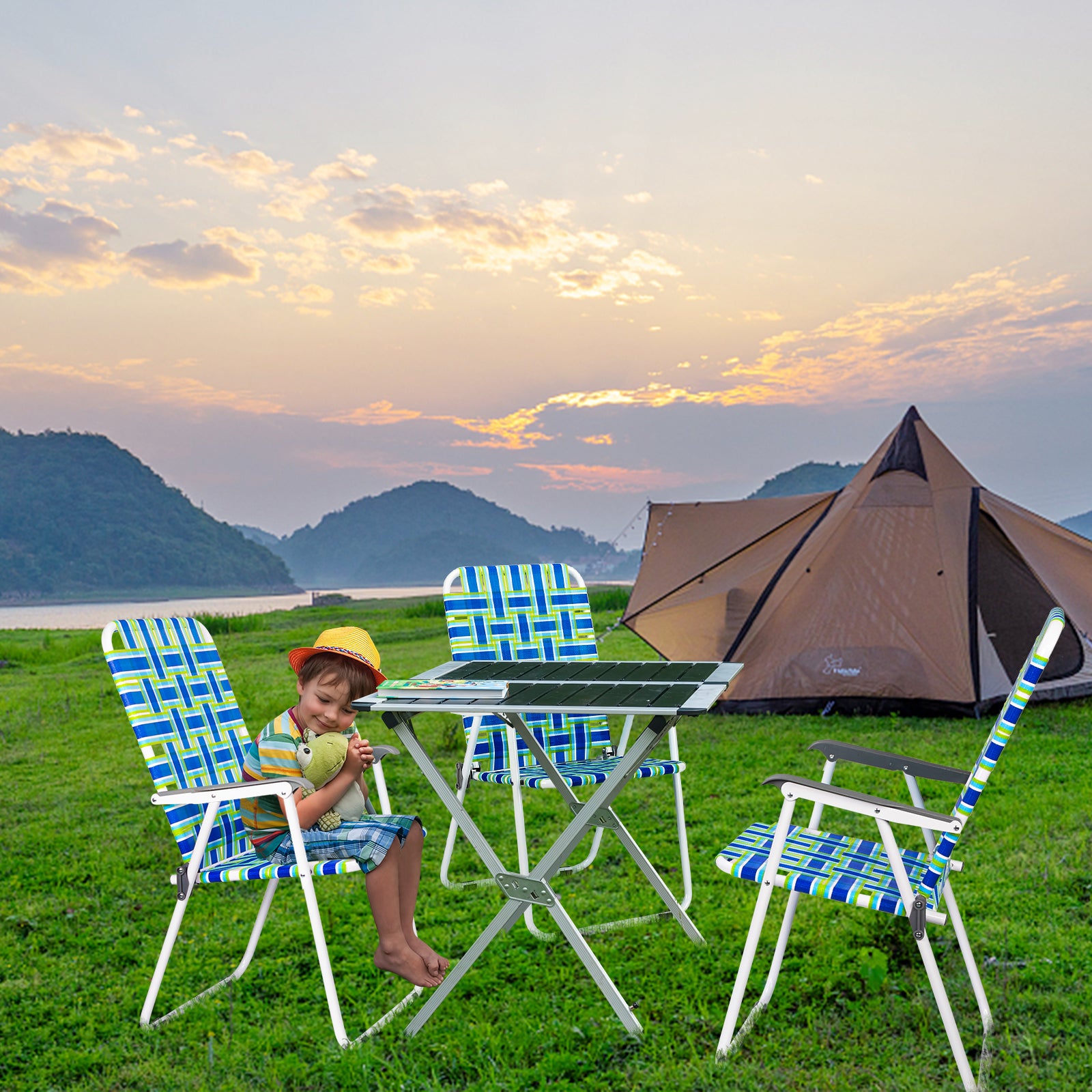 VINGLI Patio Lawn Chairs Folding Set of 2, Webbed Folding Chair Outdoor Beach Chair Portable Camping Chair for Yard, Garden（Blue)