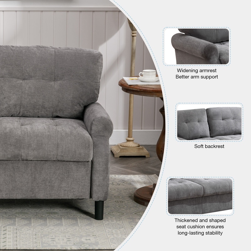 Modern Fabric 2 Seat Sofa  Upholstered Wooden Frame 2 Cushion Design Loveseat Furniture for Living Room  Grey Soft Couch