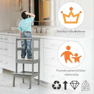 ANGELES HOME 2-Step Solid Wood Step Stool 160 lbs. Load Capacity Gray M55-8BB51GR
