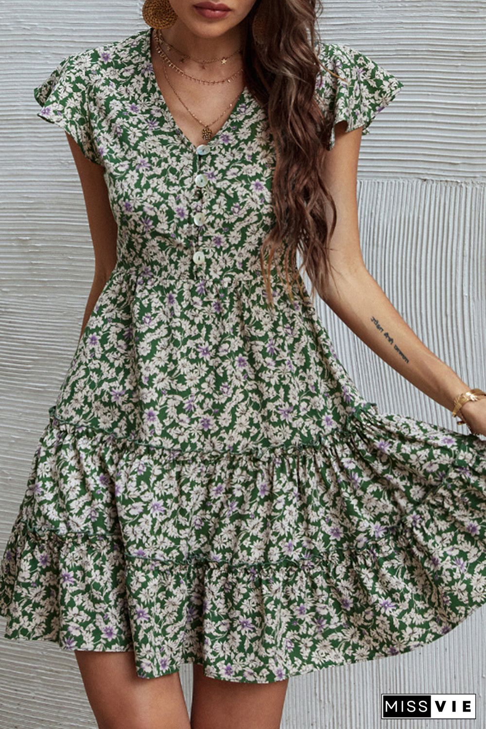 Fashion Elegant Floral Buckle Flounce V Neck A Line Dresses