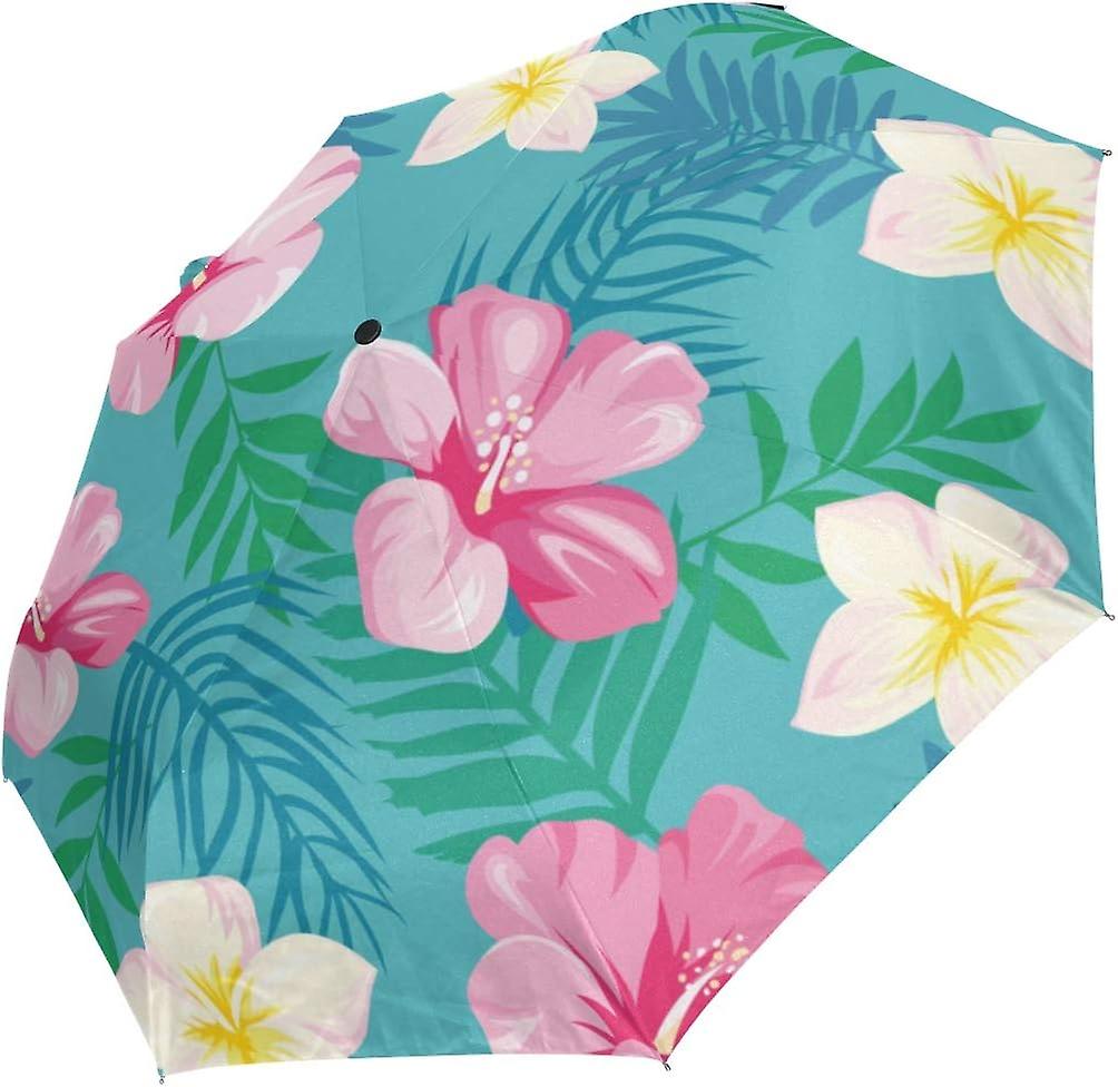 Travel Umbrella Automatic Windproof Foldable Umbrella Tropical Flowers Leaves