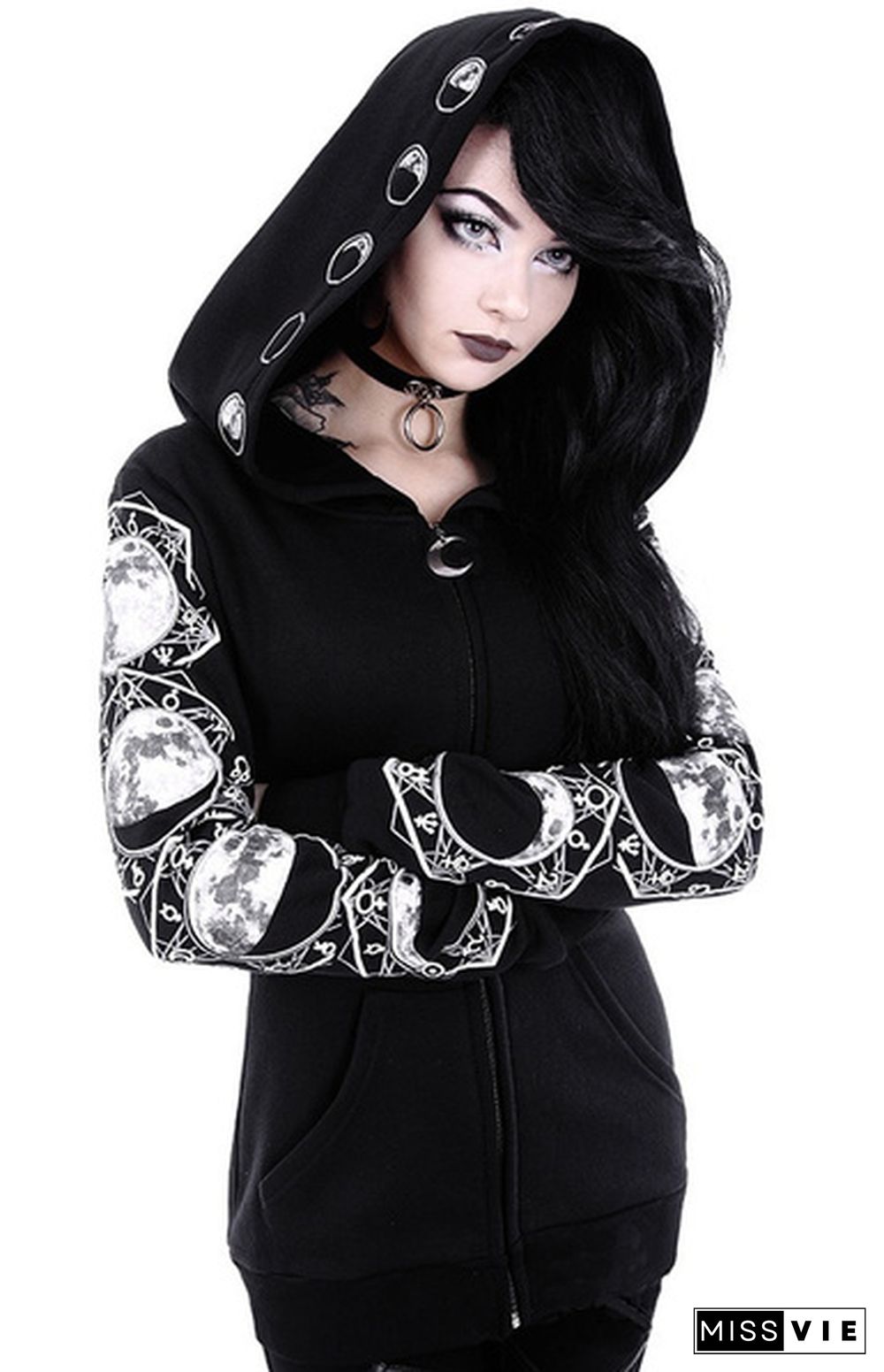 Women's Fashion Cosplay Coat  Hooded Jacket  Print Gothic Punk Long Sleeve Witch Moon Hoodie Zipper Hoodies Casual Plus Size S-5XL