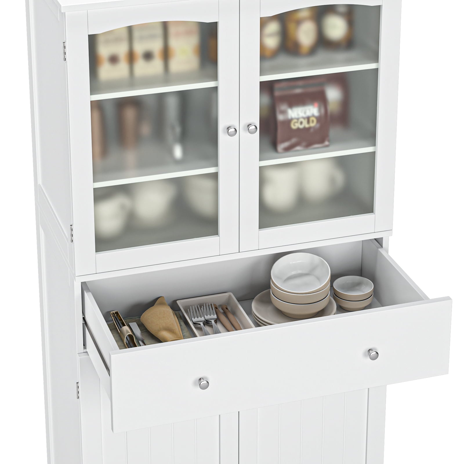 Homfa Tall Kitchen Pantry with 4 Doors， Free Standing Storage Cabinet for Dining Room， White