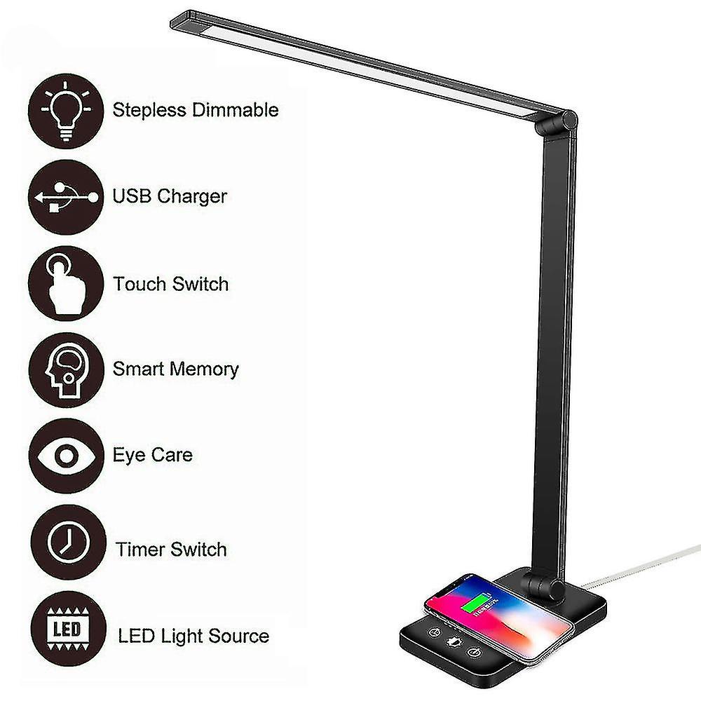 Led Desk Lamp， Dimmable Table Lamp 6w Wireless Charging And Usb Charging Port Eye Protection Reading Lamp， 10 Brightness Levels， 5 Color Touch Field O