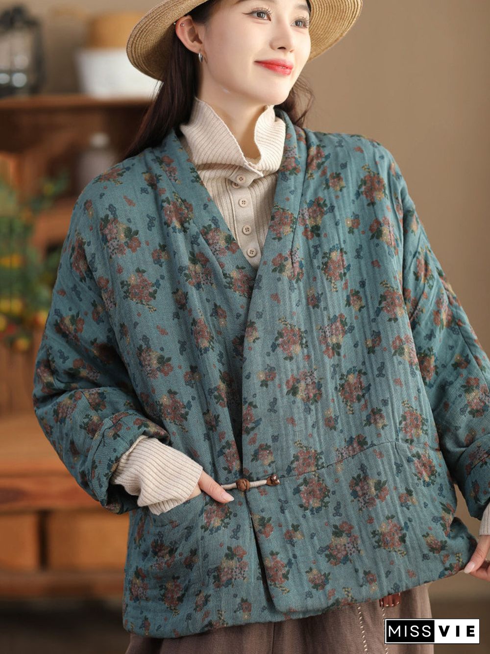 Women Retro Floral V-neck Cotton Jacket