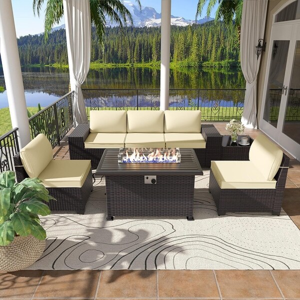 Kullavik 7 Pieces Rattan Outdoor Patio Furniture Sofa Set with Firepit