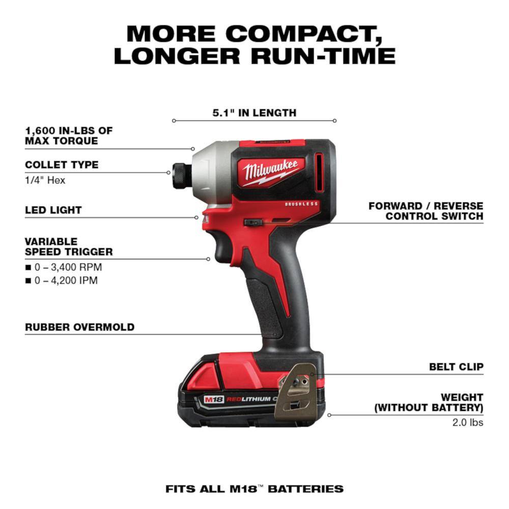 MW M18 18V Lithium-Ion Brushless Cordless Hammer DrillImpact Combo Kit (2-Tool) with 2 Batteries Charger and Bag 2893-22CX