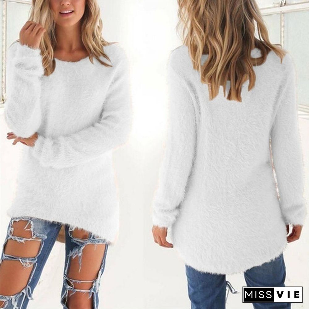 New Autumn and Winter Solid Color Warm Pullover Tops Women Long Sleeve Knitted Sweaters Plus Size