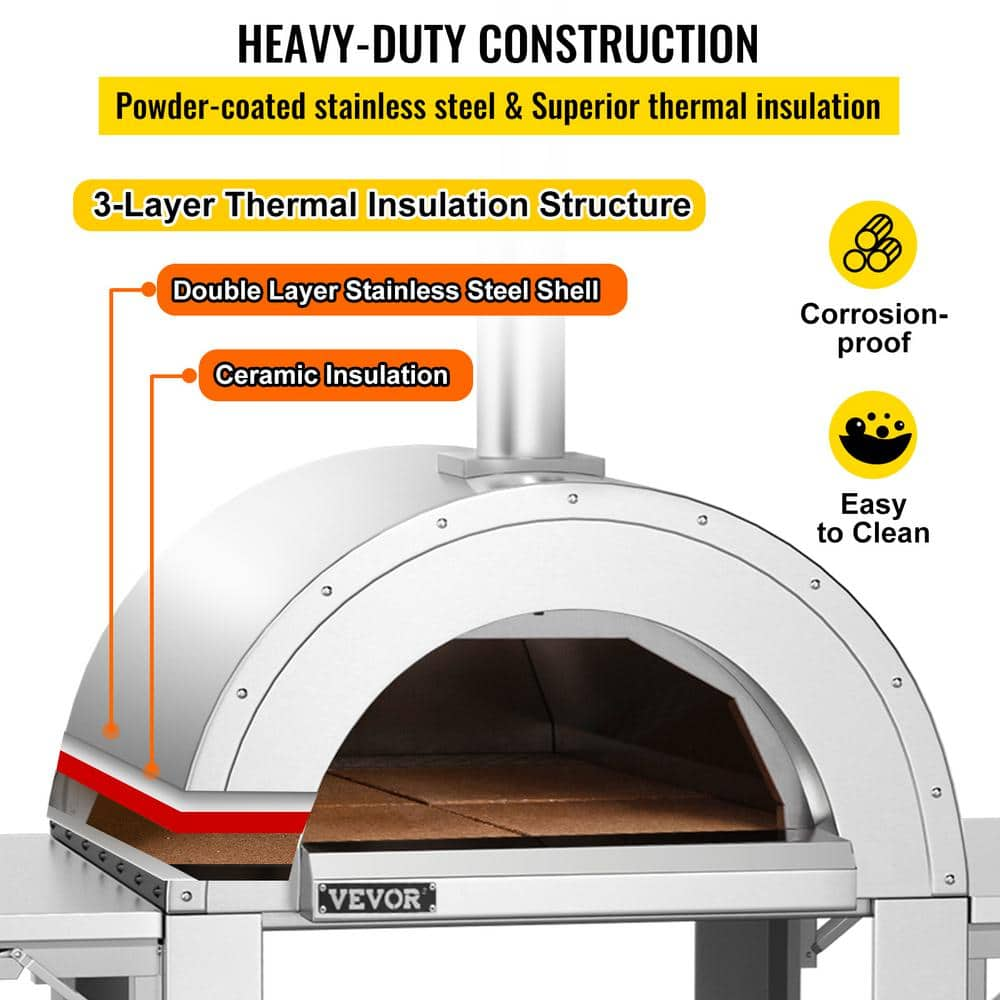 VEVOR 46 in. Wood Fired Artisan Pizza Oven Outdoor Pizza Oven 3-Layer Stainless Steel Pizza Maker with Wheels HWPSKXTJYCY312EF0V0