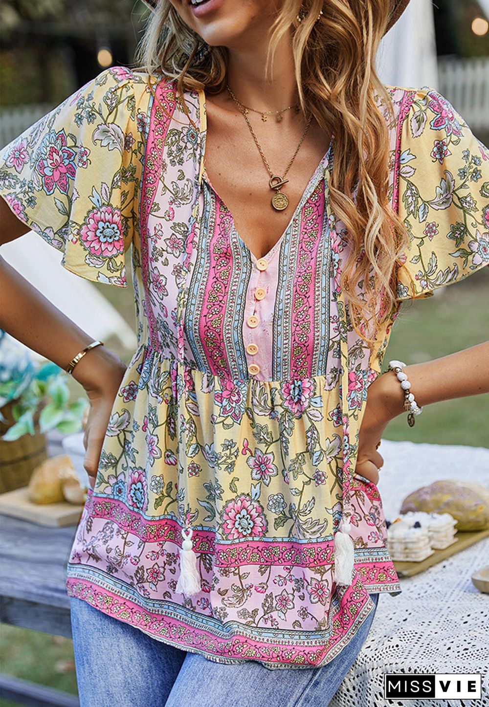 Tie V Neck Peplum Boho Blouse