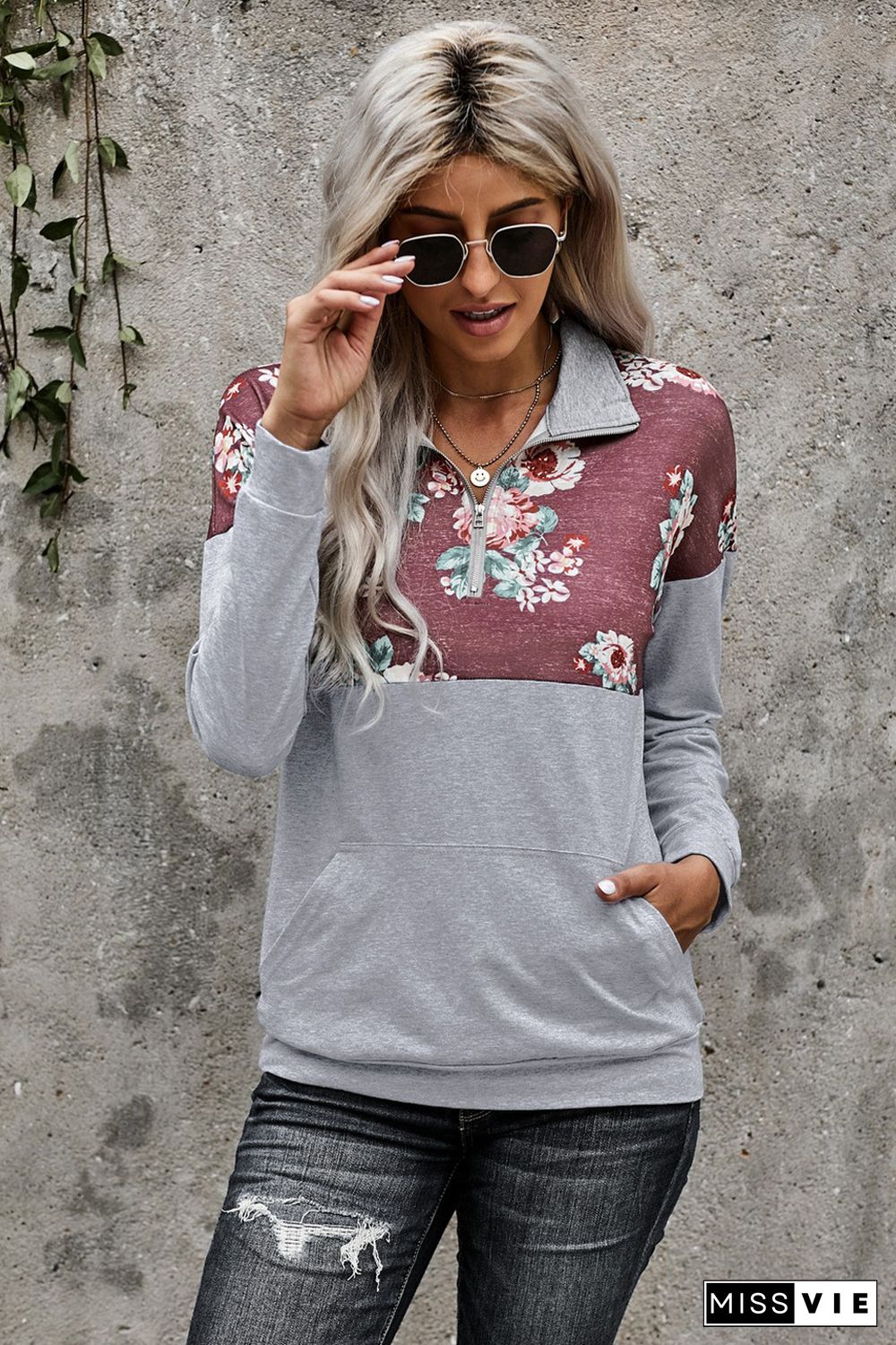 Floral Splice Grey Kangaroo Pocket Zip Collar Sweatshirt