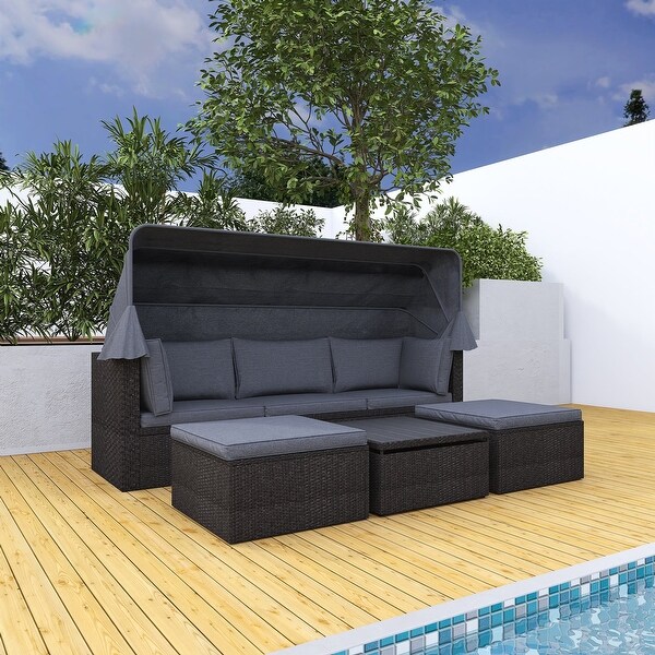 4Piece Outdoor Wicker Sectional Patio Daybed with Canopy and Ottoman