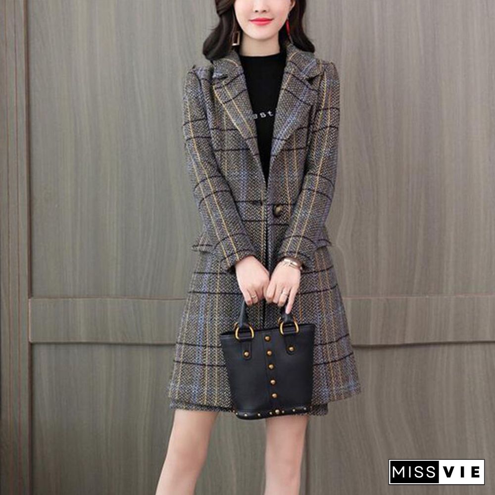 S-Xxl Women's Office Suits Elegant Plaid Trench Coat And Skirt 2 Piece Set Work Outfit Long Jacket With Skirt Autumn Winter Suits