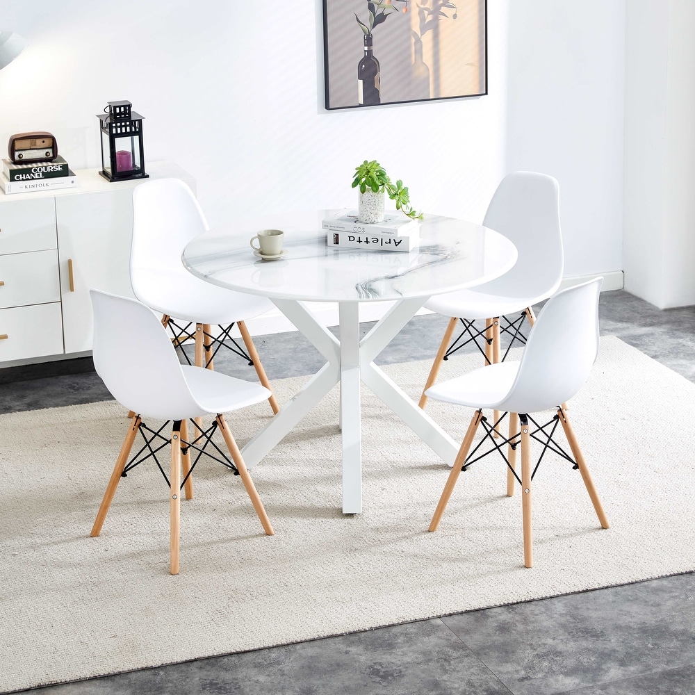 Round 5 Pieces Dining Table Sets with High Back Dining Chairs  White