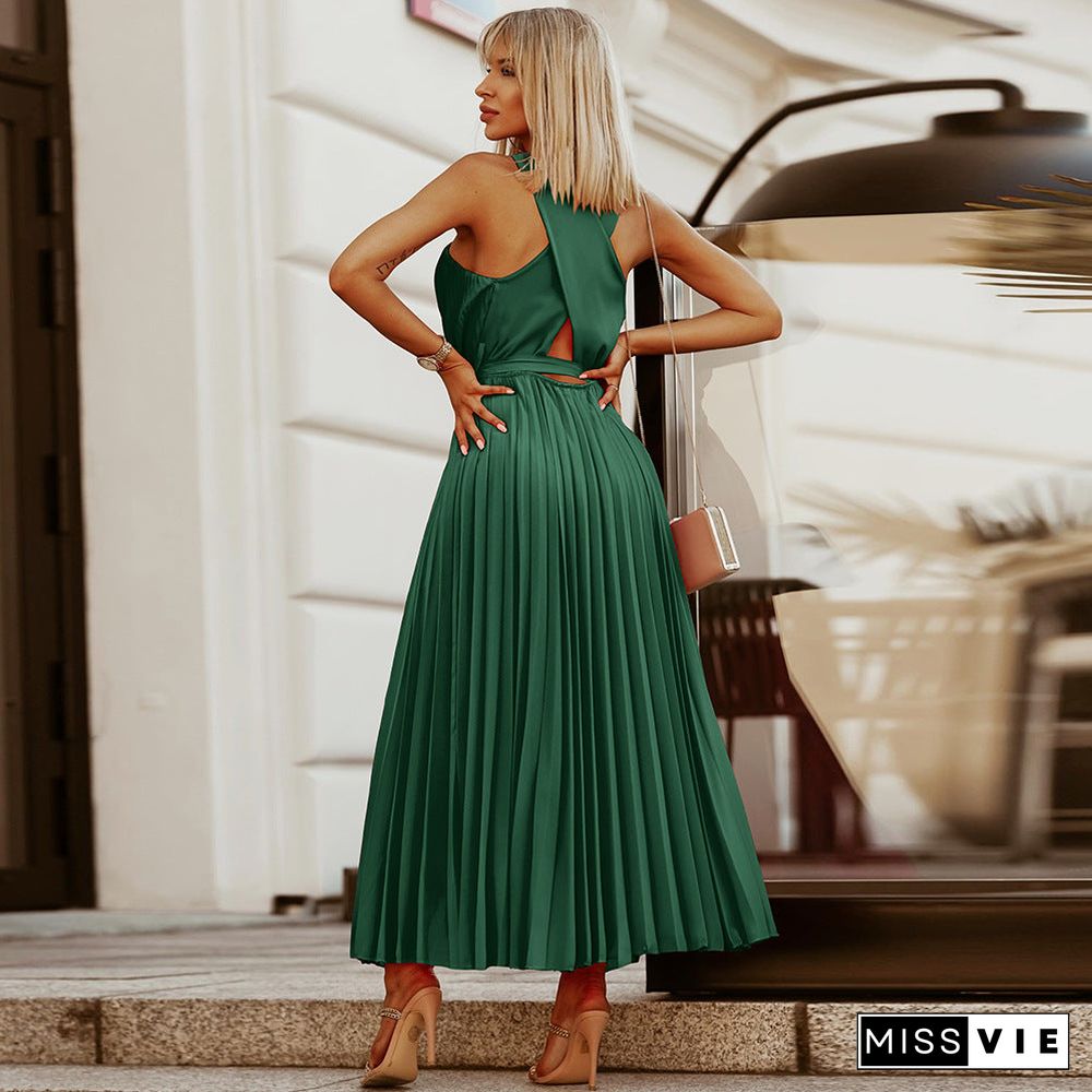 Sleeveless Halter Neck Solid Color Maxi Dress