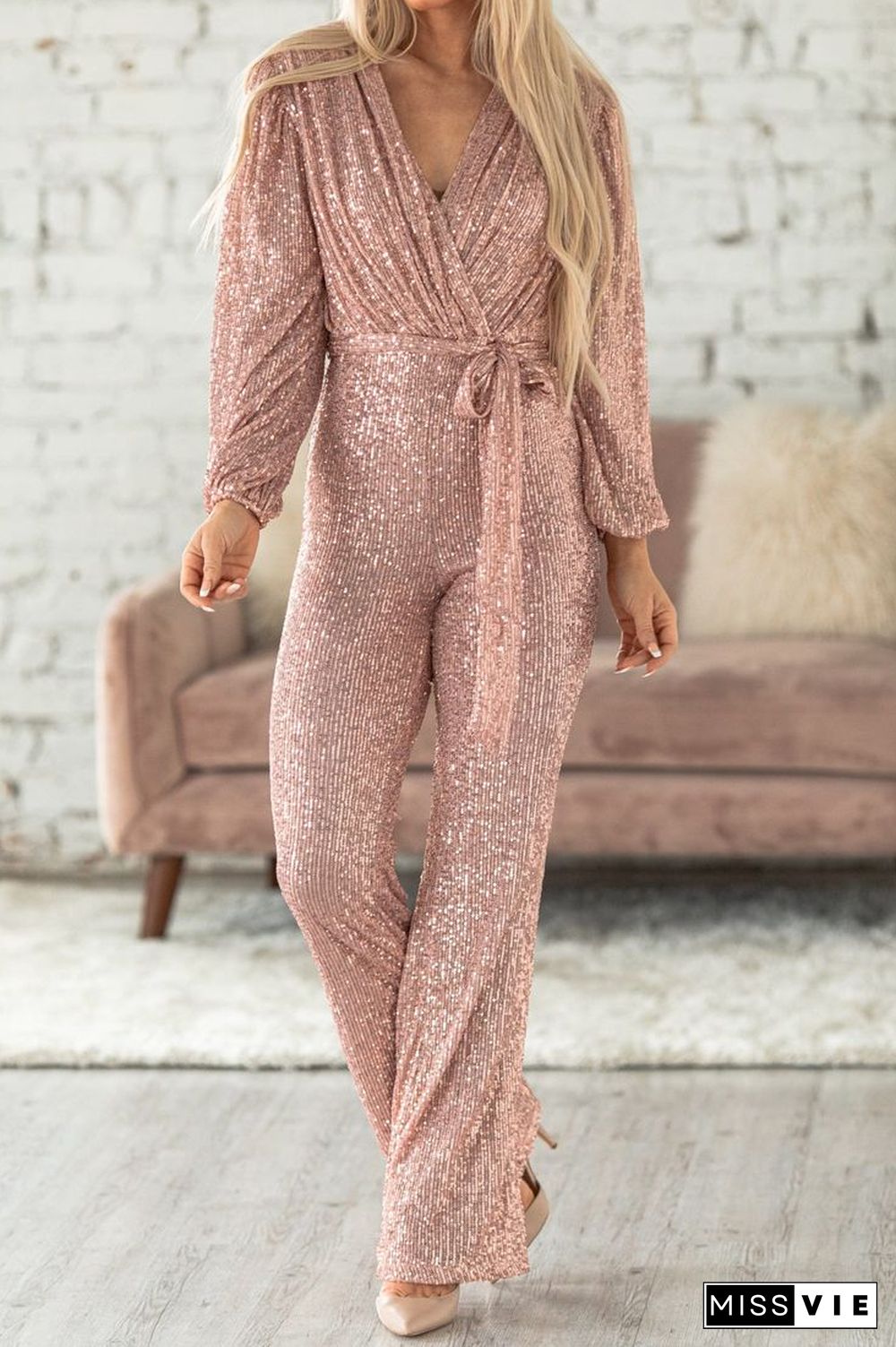 Sequin Draped Belted Puff Sleeve Wide Leg Jumpsuit