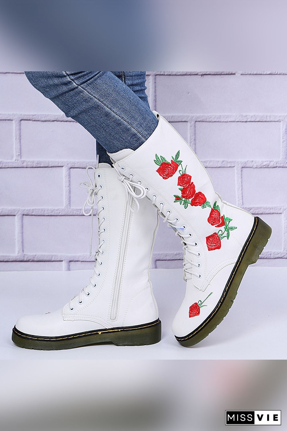 Rose Embroidered Flat Zipper Mid Boots Women Wholesale