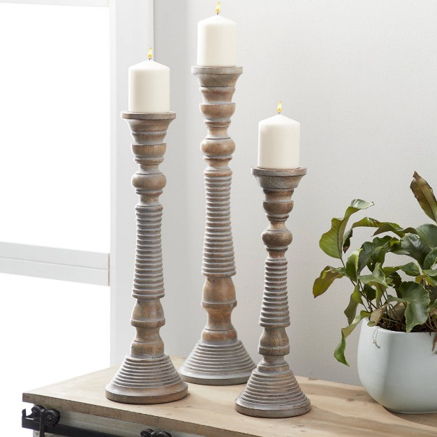 Set Of 3 Traditional Style Turned Column Wood Candle Holders Gray Olivia amp May