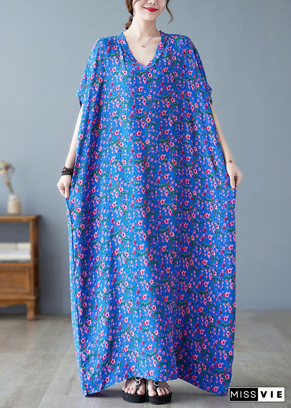 Loose Blue V Neck Print Long Dresses Short Sleeve