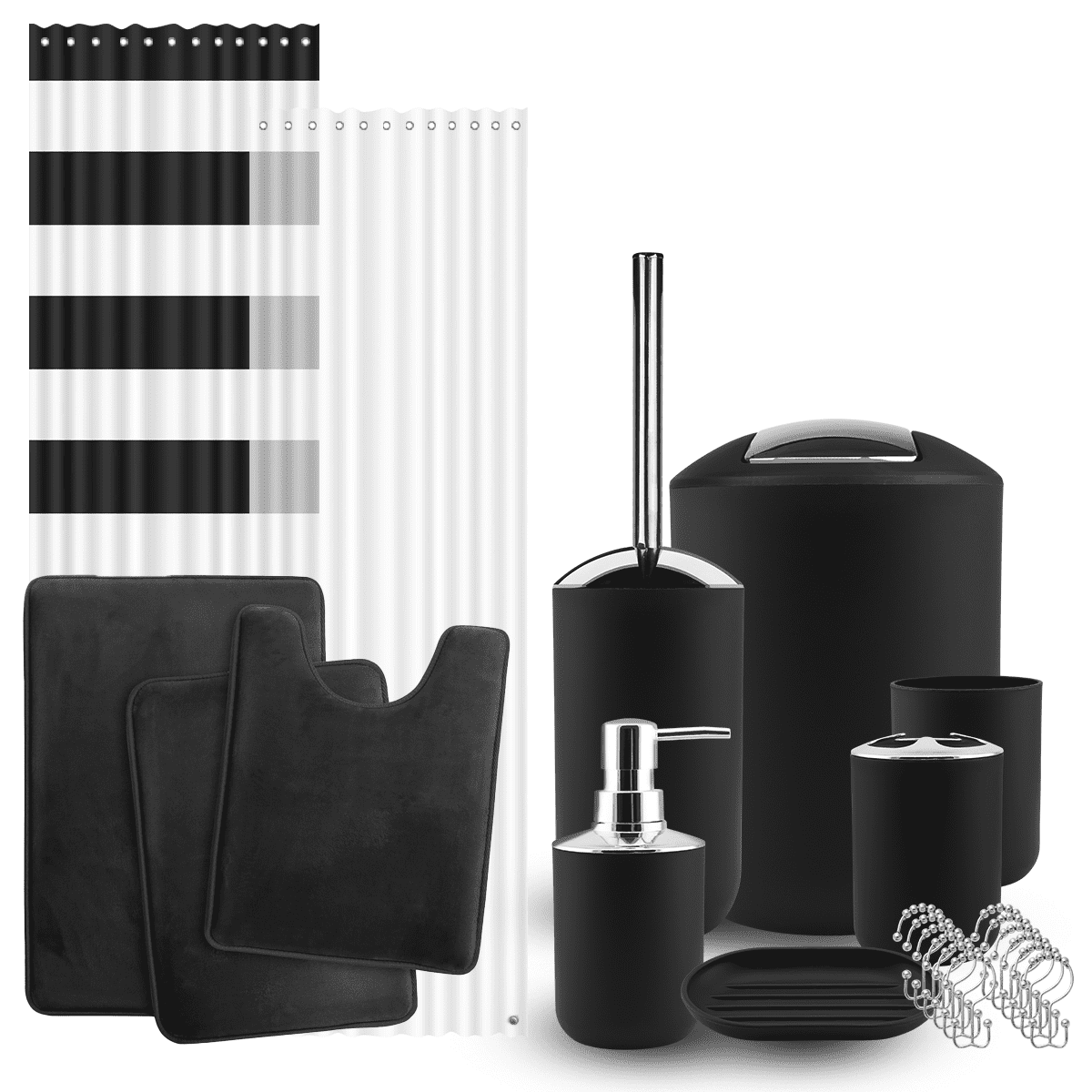 Clara Clark 12 Piece Bathroom Accessory Gift Set， Trash Can， Toothbrush Cup Soap Dish， Tumbler Toilet Brush with Holder， Black Bathroom Décor， Bathroom Curtains Shower Set， Bath Rug Set Included