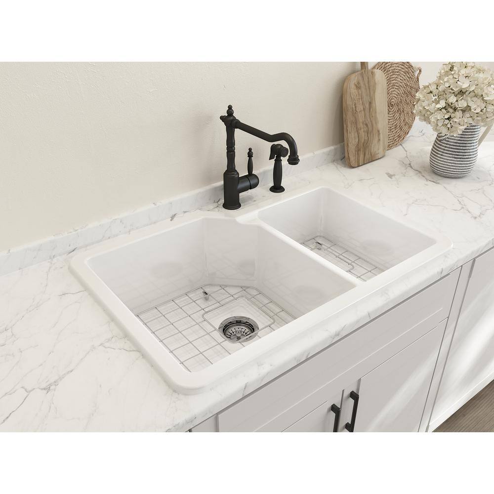 BOCCHI Sotto White Fireclay 33 in. 6040 Double Bowl Dual-Mount Kitchen Sink w Protective Bottom Grids and Strainers 1506-001-0120