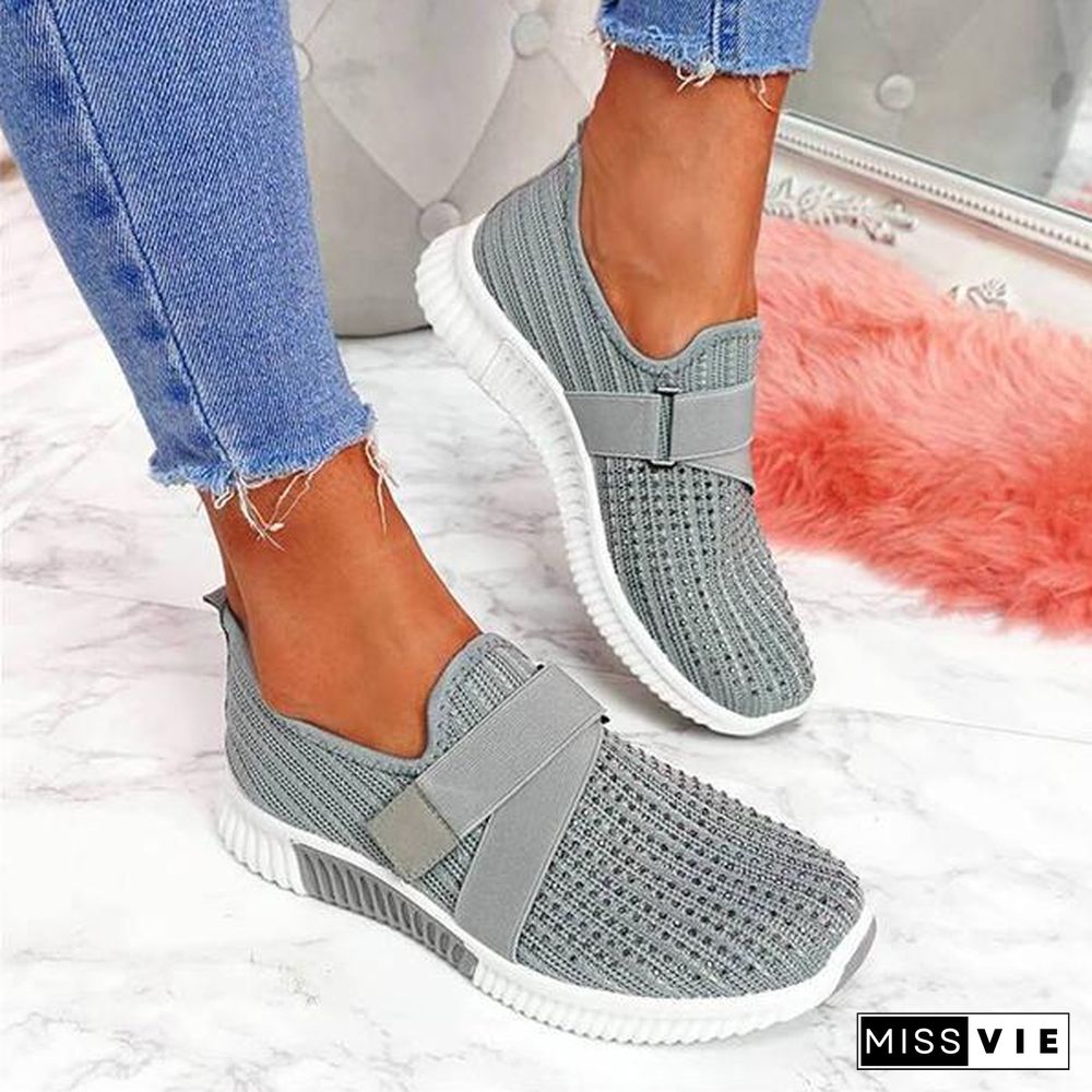 Women Fashion Bling Rhinestones Flyknit Fabric Slip On Breathable Platform Sneakers