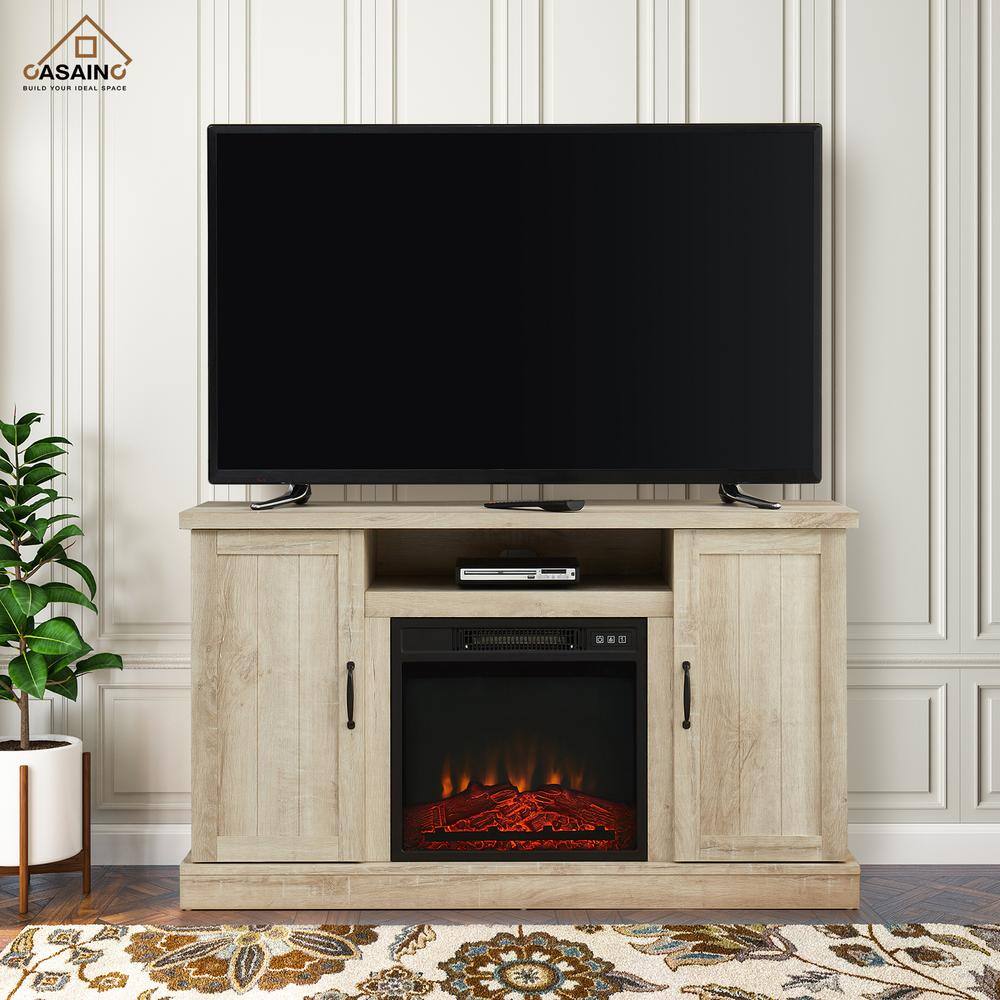 CASAINC 48 in. Freestanding Electric Fireplace with Wooden Storage TV Stand in White Oak CA-CYTVS07-WOK