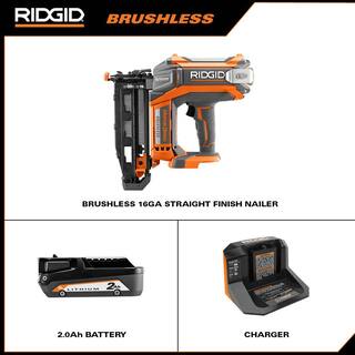 RIDGID 18V Brushless Cordless 16-Gauge 2-12 in. Straight Finish Nailer Kit with 18V Lithium-Ion 2.0 Ah Battery and 18V Charger R09892B-AC9302