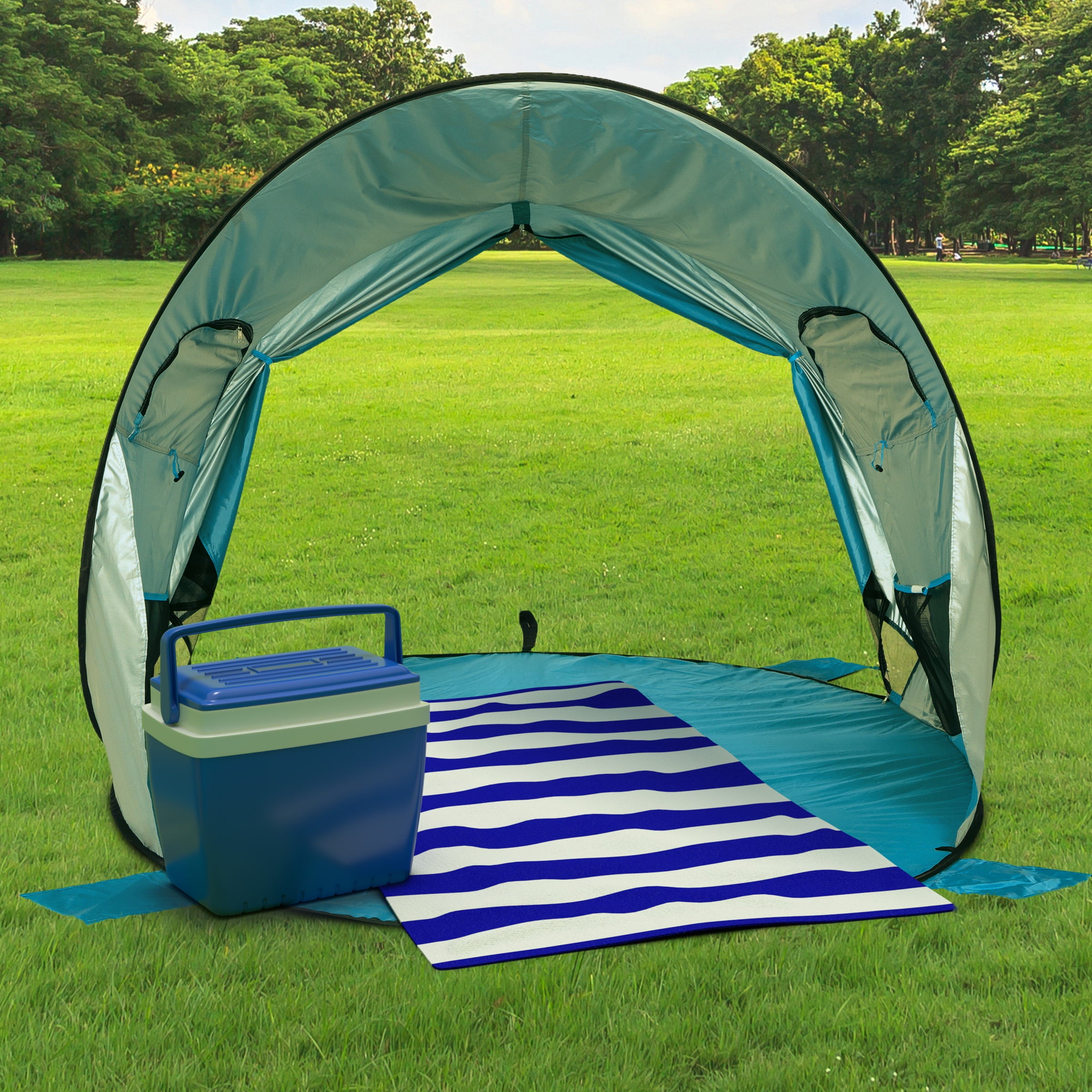 Pop Up Beach Tent with UV Protection and Ventilation Windows – Water and Wind Resistant Double-Door Sun Shelter for Outdoor Events by Wakeman (Blue)