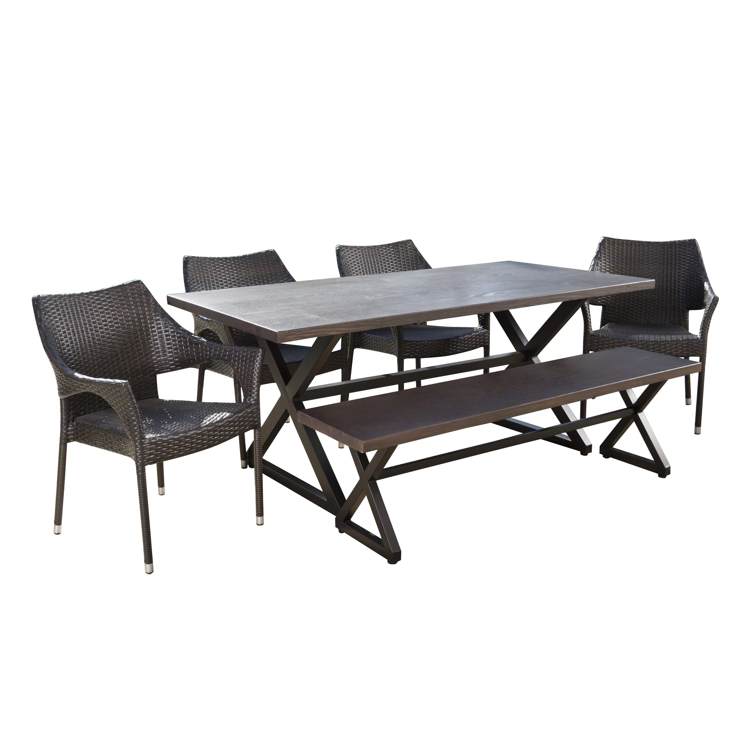 Ismus Outdoor 6 Piece Aluminum Dining Set with Bench and Stacking Chairs