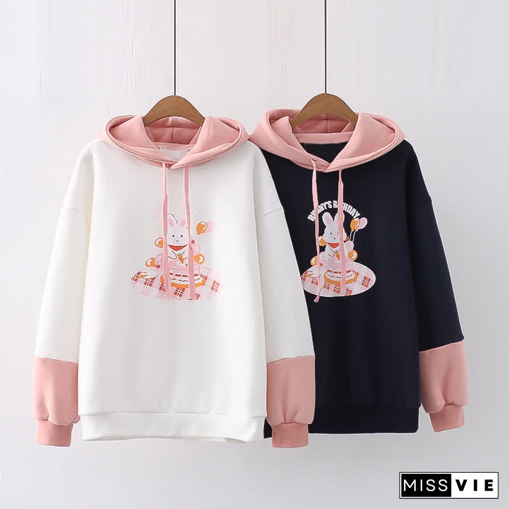 Cartoon Bunny Duck Print Colorblock Plush Hoodie