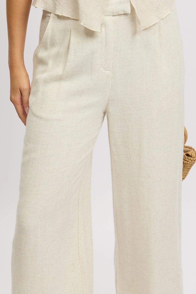 Beige Wide Leg Pants Mid Rise