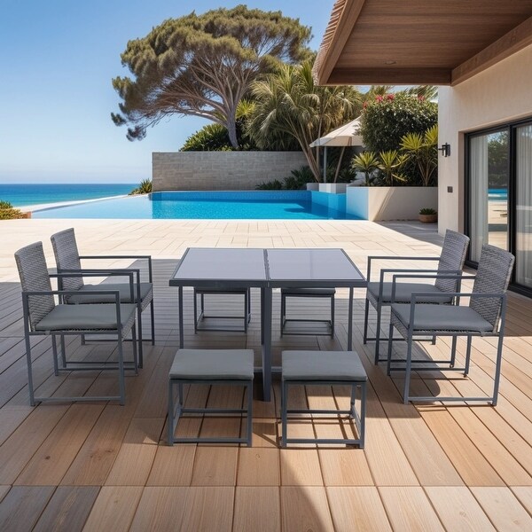 9Piece Patio Dining Sets with Grey Wicker and Cushions