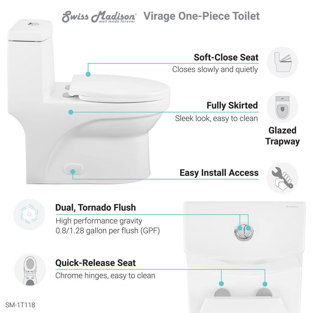 Swiss Madison Virage 1-piece 0.81.28 GPF Dual Flush Elongated Toilet in White Seat Included SM-1T118