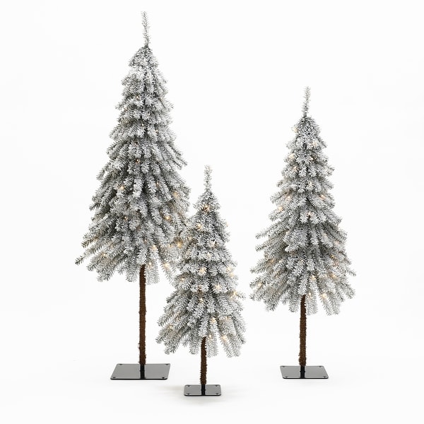 3Piece SnowFlocked Sweeping Branches Artificial Tree Set with Battery Operated Lights