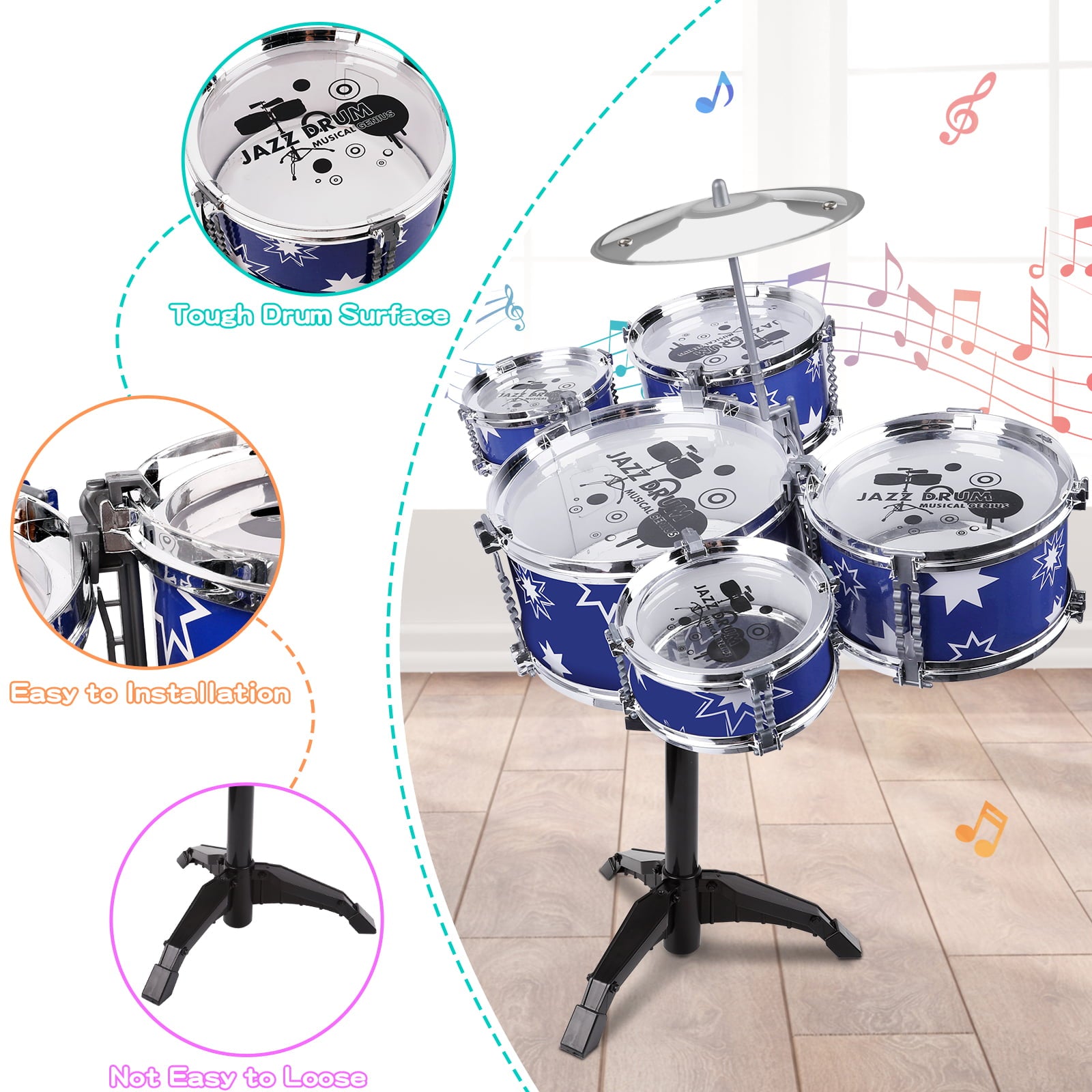 Shayson Drum Set for Kids Toddler Drum Set with Stool Kids Jazz Drum Kit Toys for 3-6 Year Old Boys