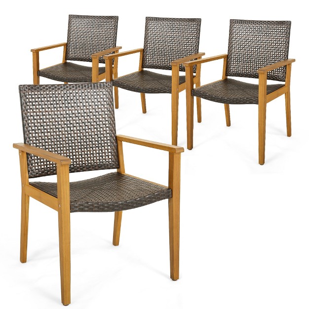 Tangkula Outdoor Rattan Chair Set Of 4 Patio Pe Wicker Dining Chairs W Sturdy Acacia Wood Frame