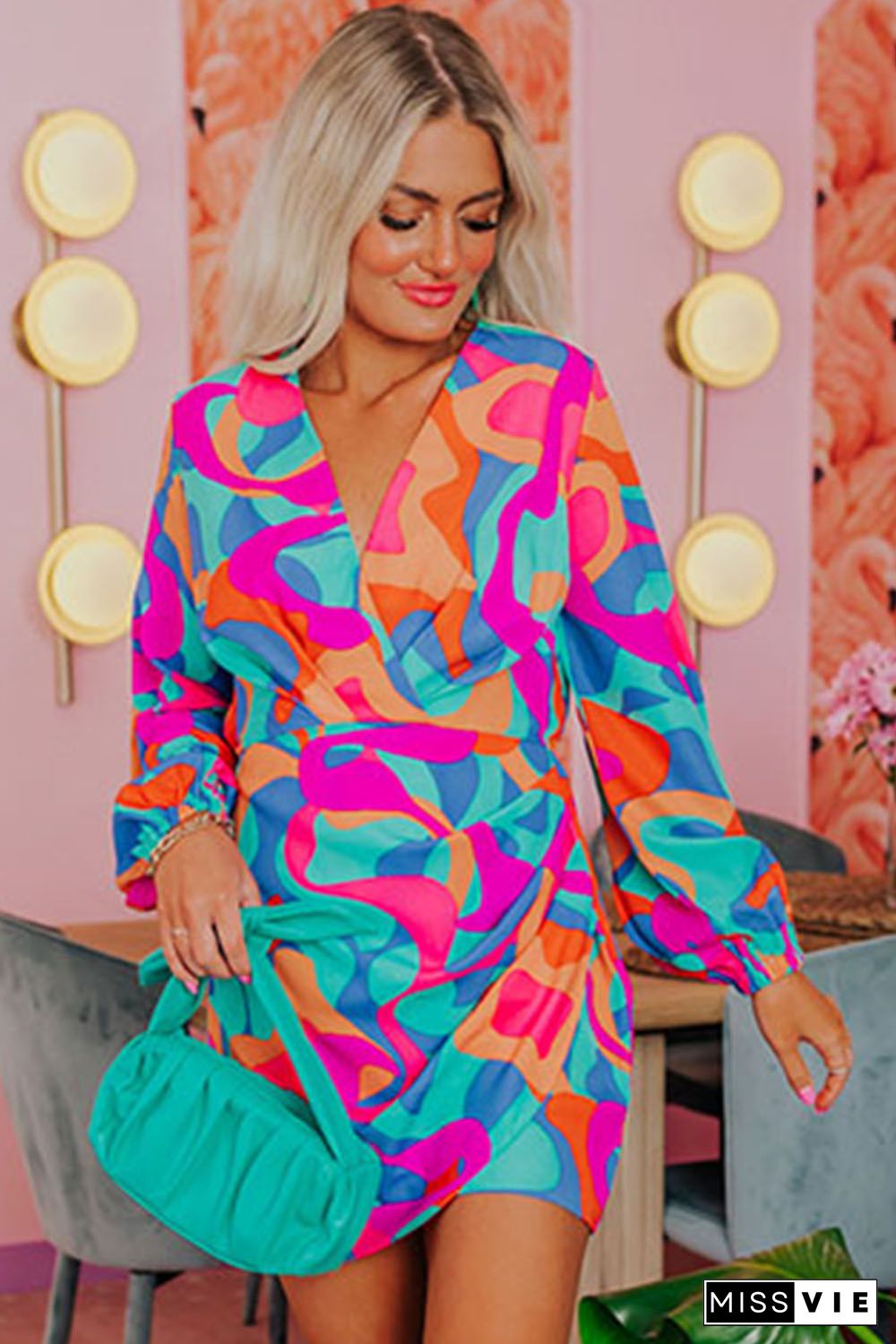 Multicolor Abstract Print Wrap V Neck Puff Sleeve Dress