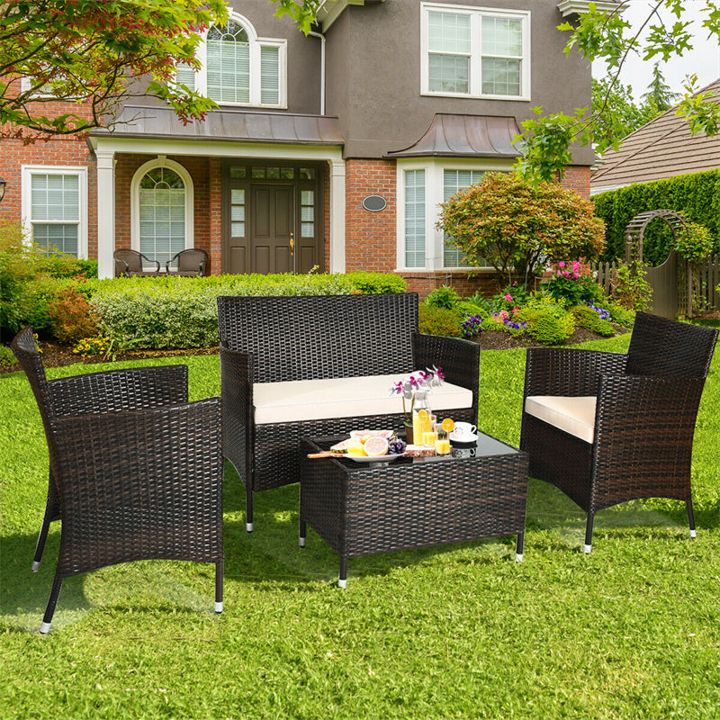 4 Pcs Rattan Wicker Patio Conversation Sets with Loveseat, Single Sofas, Coffe Table, Outdoor Bistro Set