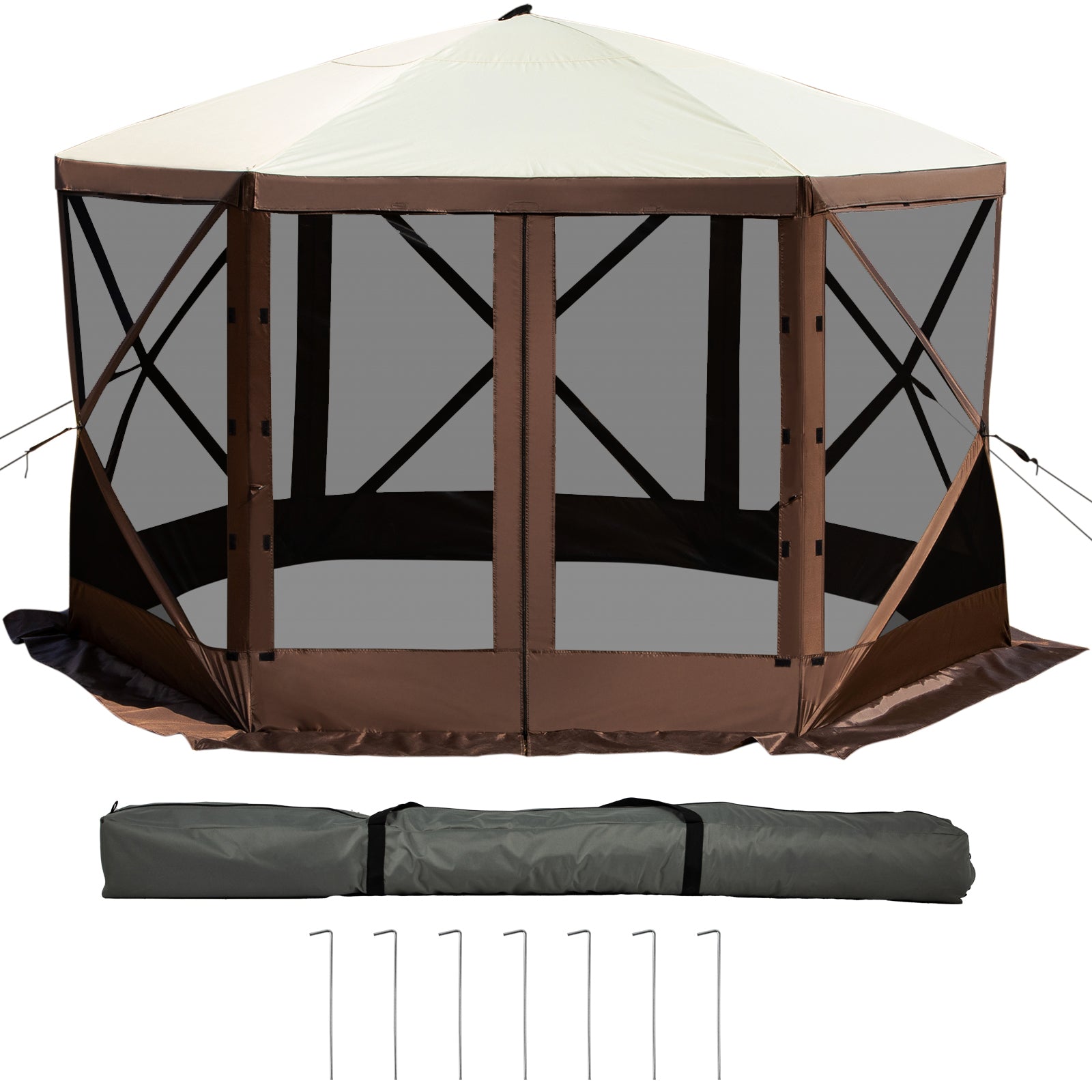 VEVORbrand Camping Gazebo Tent, 12'x12', 6 Sided Pop-up Canopy Screen Tent for 8 Person Camping, Waterproof Screen Shelter w/Portable Storage Bag, Ground Stakes, Mesh Windows, Brown & Beige