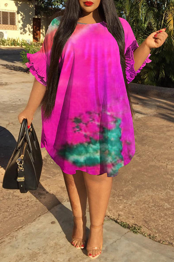 Plus Size Tie Dye Half Ruffle Sleeve Midi Dress