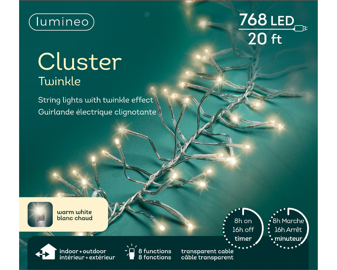 23 FT Cluster 768 LED Warm White Transparent Wire 8 Function Twinkle